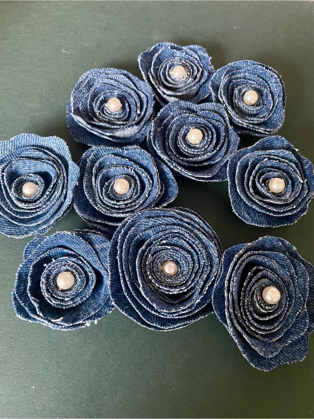 10- 3D Denim rosette appliqués w/ pearls